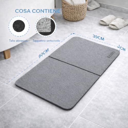 KLOTI Diatomite Bathroom Rug, Non-Slip Bath Mat, Absorbent Shower Mat, Non-Slip Bath Mat, Quick Drying Anti-Mildew, 60 x 39 cm, Grey