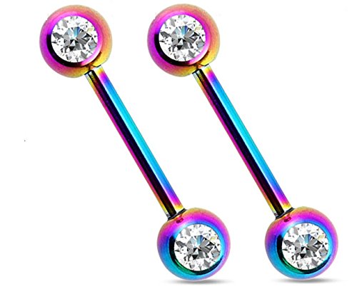 Titanium IP Double Cz Nipple Bars Barbells Rings - 14G 316L Stainless Steel - Sold as a Pair (Rainbow)