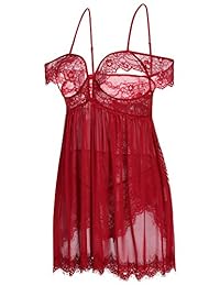 Ababoon Babydoll Lencería sexy de encaje con hombros descubiertos, de una pieza, espalda abierta, ropa de noche