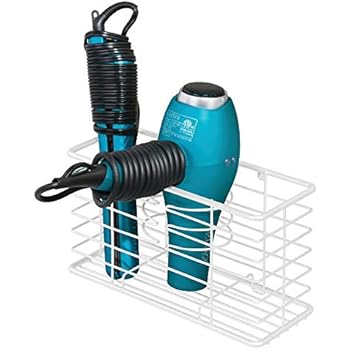 mDesign Modern Metal Wire Bathroom Wall Mount Hair Care & Styling Tool Organizer Storage Basket for Hair Dryer, Flat Iron, Curling Wand, Hair Straightener, Brushes - Holds Hot Tools - White