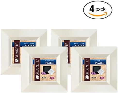 Squarete 10.75'' inch Bone Dinner Square Party Plates Hard Plastic Elegant Disposable Heavy Duty. 10 Square Ivory Dinner Plates Per Package Pack of 4