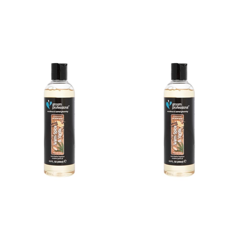 GROOM PROFESSIONAL Warm Spice & Vanilla Dog Shampoo - Luxury Scented Shampoo for Dogs - Deep Cleansing Shampoo for Smelly Dogs - Suitable for All Coat Types - Festive Fragrance, 250ml (Pack of 2)