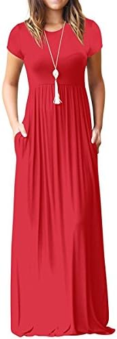 Kool Classic Women Short Sleeve Loose Plain Dresses Casual Long Dresses With Pockets Red Large