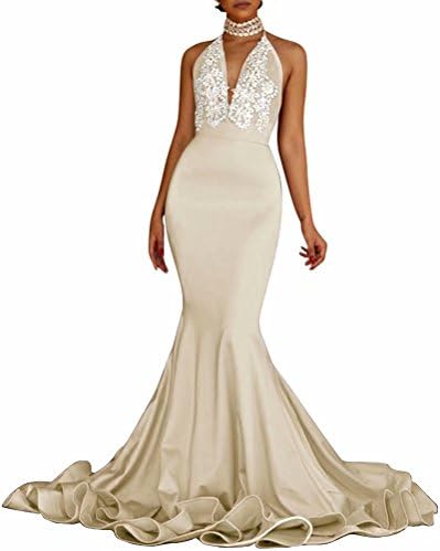 NaXY Mermaid Prom Dresses 2018 Long Sexy Beaded Crystal Halter Prom Dress in Blush/Black