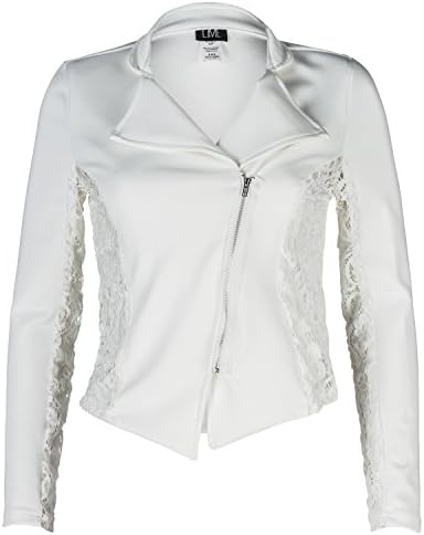 Contenta Women's Moto Blazer. Motorcycle Long Sleeve Contrast Side Zip Jacket. (x-large, ivory w crochet)