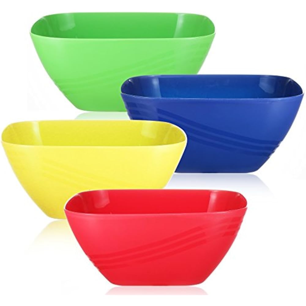 Set Of 4 Large Plastic Serving Bowls, Reusable Colorful Square Mixing