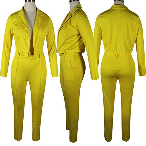 Womens Solid Color Blazers 2 Piece Outfits Long Sleeve Suits with Pants Tracksuit Yellow Small