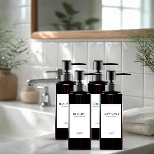 4 x Wall Mounted Shower Soap Dispenser, Bathroom Soap Dispenser Without Drilling 500 ml Brown Shower Dispenser Shampoo and Body Wash with Funnel and Three-Dimensional Labels for Bathroom, Kitchen