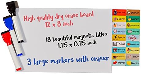 Pirrox Magnetic Dry Erase Board set with dry erase magnetic markers, and magnetic titles (Small Set)