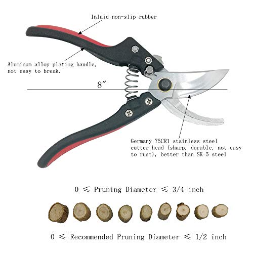 WOYESHENMU 8" Upgraded Pruning Shears £¨Germany 75CR1 Steel£, Professional Pruning Scissors for Garden, Sharp and Durable Bypass Pruner/Hand Pruners, Aluminum Alloy Handle Secateurs (Red) - Thumbnail 2