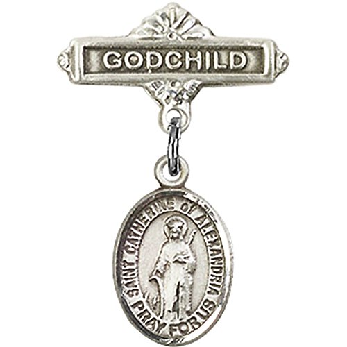Sterling Silver Baby Badge with St. Catherine of Alexandria Charm and Godchild Badge Pin 1 X 5/8 inches