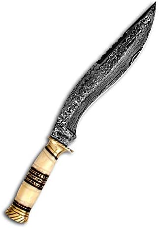 MONT5 Handmade Damascus Steel Kukri Knife with Sheath | Bone Handle with Brass Rings