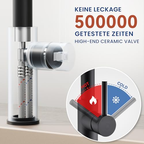 CECIPA Black Kitchen Tap with Spring and 2 Types of Jet, High Arc Kitchen Mixer Tap Black with Pull-Out Shower, 360° Swivel Sink Tap, Stainless Steel Mixer Tap