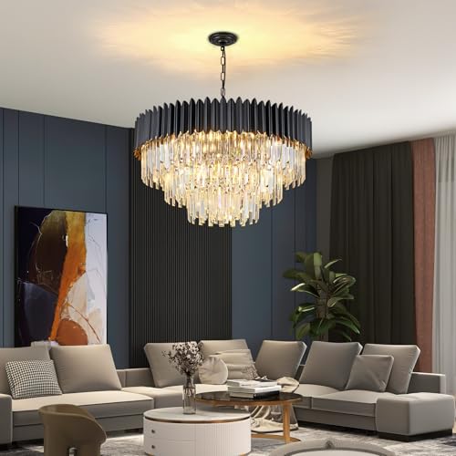 KUNYEEE Modern Luxury Crystal Pendant Light, Black Crystal Chandelier, 15xE14 Drop Chandelier Light Recessed Ceiling Light for Dining Room, Φ80cm