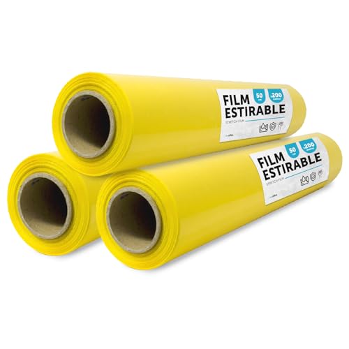 Gele folie om te verpakken, kunststof afdekking, gele folie voor verhuisdozen, ter bescherming van meubels en zendingen, afmetingen 50 cm x 200 m rekbaar · m-office (geel, 3 stuks)