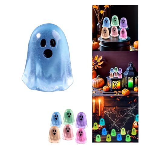 Halloween Mini Ghosts Figures with Box, Glow in The Dark Figurine, Luminous Fairy Garden Accessories Toys, Cute Decor for Micro Landscape Tabletop Party Favors Office Home Decor (1, Blue)