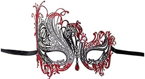 Women's Black Swan Metal Filigree Laser Cut Venetian Masquerade Mask with Glitter delicately and artfully crafted with Rhinestones (Black Swan mask with Red glitter)
