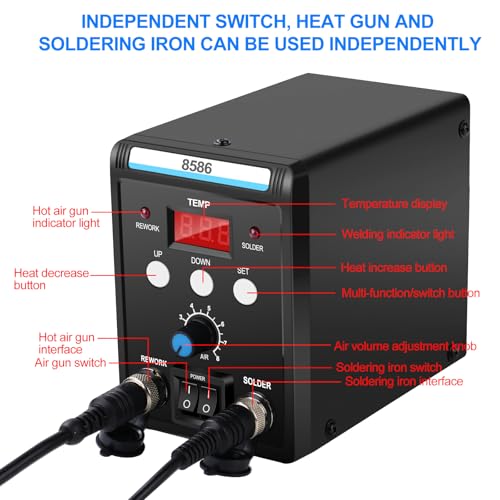 Jadeshay Estación de Soldadura 8586, Estación de Soldadura 2 en 1, 700 W, Pantalla Digital 110 V, Pistola de Aire Caliente, Herramientas con 3 Boquillas para Soldar, Desoldar y Reparar, ESD Seguro