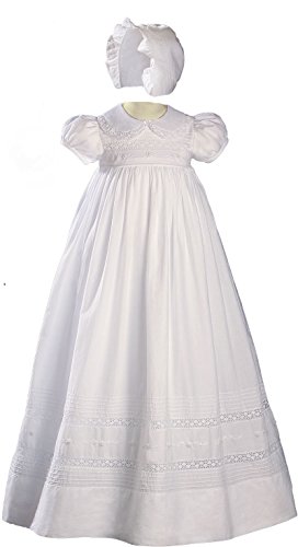 33" White Cotton Short Sleeve Christening Gown Baptism Gown with Hand Embroidery 3M