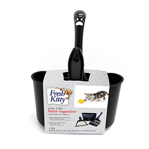 Fresh Kitty 4-in-1 Litter Box Organizer Cleanup Kit – Cat Litter Box Cleaning Supplies – Sweeper & Dustpan, Scooper, Storage Caddy, Charcoal