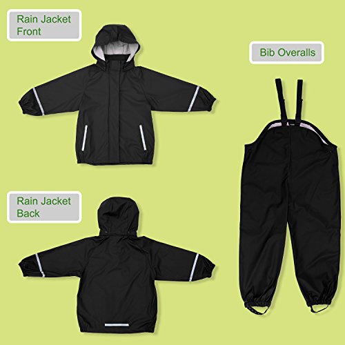 Andake Kids Rain Suit, Waterproof Rain Jacket and Bib Overall (Black, S (4-5Y))
