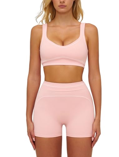 2 Piece Workout Sets for Women U Back Color Block Crop Tank Sports Bra Matching High Waist Booty Lifting Biker Shorts Womens Two Piece Athletic Set Gym Wear Active Yoga Pilates Outfits Pink XS at Amazon