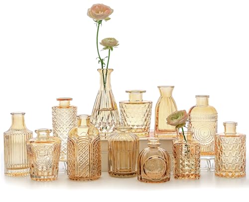 Juego de 12 jarrones de Cristal, pequeños jarrones de Flores ámbar para centros de Mesa a Granel, Mini jarrón Vintage para Boda, hogar, decoración de Mesa