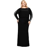 Betsy & Adam Womens Betsy & Adam Women's Long Sleeve Gown with Jewel Neckline, Beaded Sleeve Detail, and Ruched Waist (Plus)