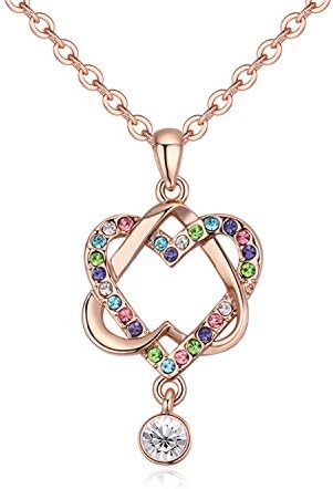 CZ Crystals Rose Gold Twin Joined Hearts Love Latest Stylish Pendant Necklace Chain For Women Girls (Multi Colour)
