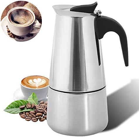 6-Cup Stovetop Espresso Maker Induction Hob (300ml) Classic Stainless Steel Coffee Moka Pot with Permanent Filter and Heat Resistant Handle for Home Office