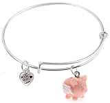 Expandable Bangle bracelet with 3-D Resin Flying Pig and Heart Charm, Qty:1