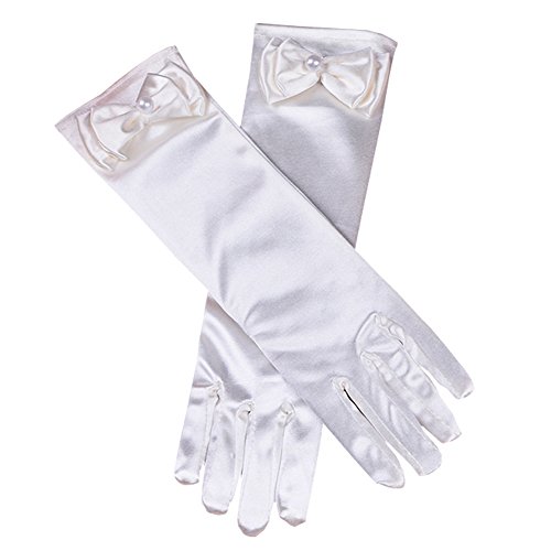 Mwfus Children Girl Beautiful Stage Performance Formal Party Pageant Gloves Princess Bow Long Tube Gloves