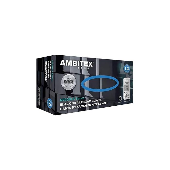 Ambitex N720BLK Series Powder Free Black Nitrile Gloves, Large, 100/Pack