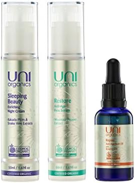 Certified Organic Anti-Aging Moisturizer Night Cream with Collagen Boosting Face Serum and Rosehip Face Oil – Powerful Skin Restore Set by UniOrganics