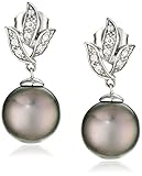 10k White Gold Black Tahitian Cultured Pearl with Diamond Accent Earrings