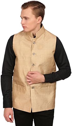 WINTAGE Men's Gold Muga Silk Grandad Collar Party Nehru Vest Waistcoat