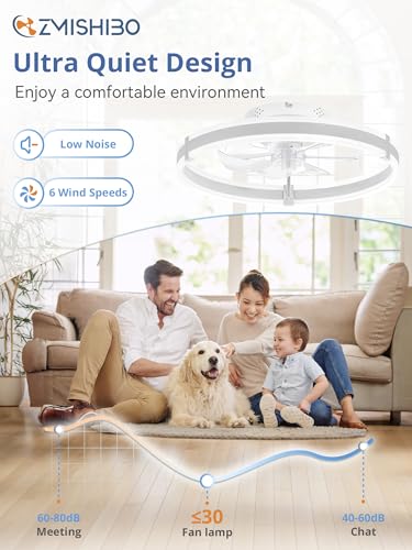 Low Profile Ceiling Fans with Lights and Remote, 19.7'' Modern Flush Mount Ceiling Fan, Dimmable LED Small Fan Light, 6 Speeds, Fandelier Fans with LED Light for Bedroom, White