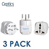 Ceptics Israel Travel Plug Adapter for Israel, Palestine (Type H) - 3 Pack [Grounded & Universal] (GP-14-3PK)