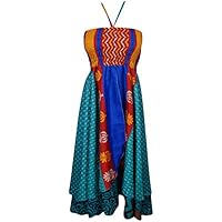 Mogul Interior Womens Halter Dress Recycled Vintage Silk Sari Two Layer Boho Salvador Summer Sundress