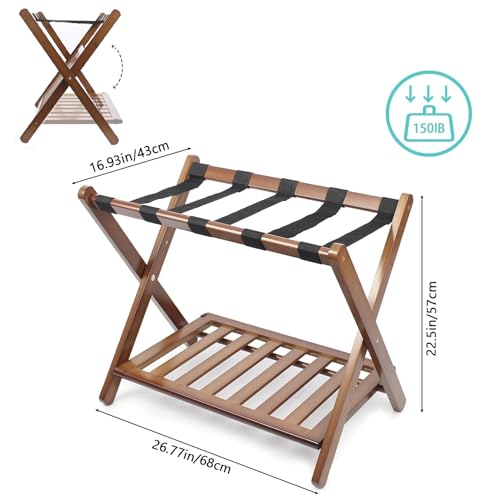 Folding Luggage Rack, Bamboo Suitcase Stand for Guest Room, Luggage Holder with Shoe Storage Shelf for Bedroom, Guest Room, Hotel, 68*45*55CM Brown