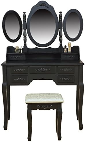 Stamo Wooden Makeup Vanity Table Set Tri-folding Mirror Furniture Set with Cushioned Stool (black, 7 drawers)