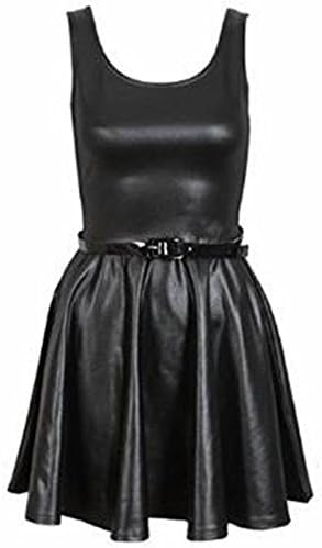 Friendz Trendz -Women Wet Look Faux PVC Belted Flared Skater Dress (XL, BLACK)