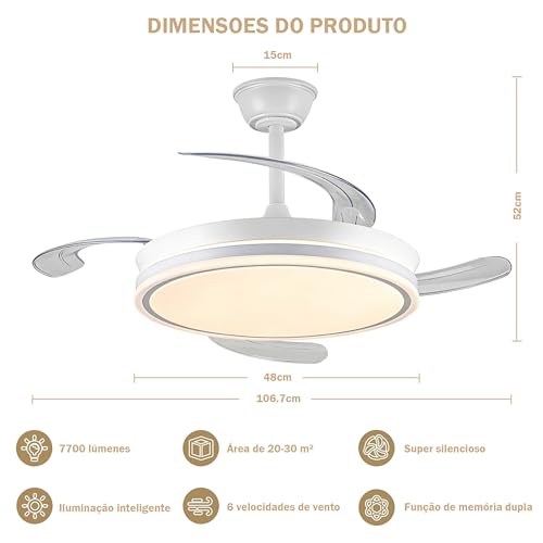 Ventilador de Teto Retrátil 42'' com Luz LED e Controle Remoto, Bivolt 110V/220V, Branco