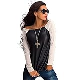 Fedi Apparel Women Long Sleeve Crew Neck Blouse T-Shirt PU Leather Slim Tops