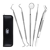 HJZ Dental Hygiene Kit - 5 Piece Stainless Steel Dentist Tools - Anti-Fog Mirror, Dental Scaler, Tarter Scraper, Dental Pick, Dental Tweezers for Calculus & Tartar Removal, Gum Health, Teeth Cleaning