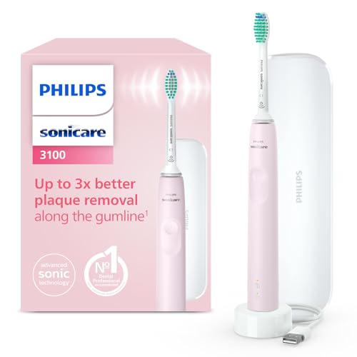 Philips Sonicare 3100, Brosse à dents électrique sonique, capteur de pression et minuterie, étui de voyage, rose pastel, modèle HX3673/11