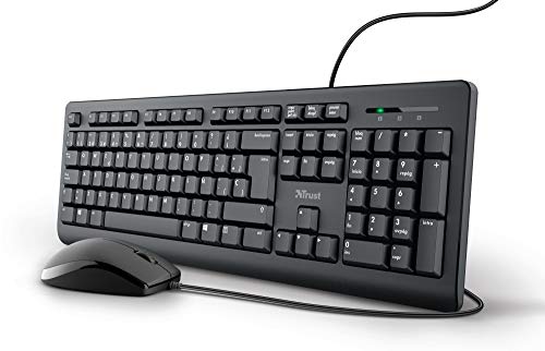 Pack tastiera e mouse con cavo - layout QWERTY spagnolo, cavo da 1,8 m, connessione USB, tastiera resistente ai versamenti, Windows, Mac, PC, laptop, nero