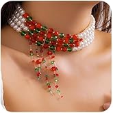 fxmimior Boho Red and Green Round Imitation Pearl Choker Necklace Multi Strands Vintage Red Christmas Pearls Crystal Choker Bridal Wedding Crystal Y Long Choker Necklace for Women