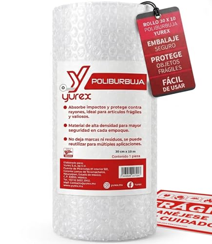 YUREX Papel Burbuja 30 cm x 10 m Poliburbuja para Empaque y Embalaje Seguro Protege Objetos Frágiles en Mudanzas y Almacenaje Amortigua Golpes Reduce Vibraciones y Cuida Superficies sin Dejar Marcas