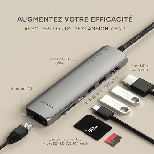 Satechi 7 in 1 USB C Hub Slim Plus Multiport Adapter with Ethernet, Charge PD 100W, HDMI 4K@60Hz, 2X USB-A 10Gbps and SD/microSD Ports for MacBook Air/Pro/Neo, Laptop and More - Grey